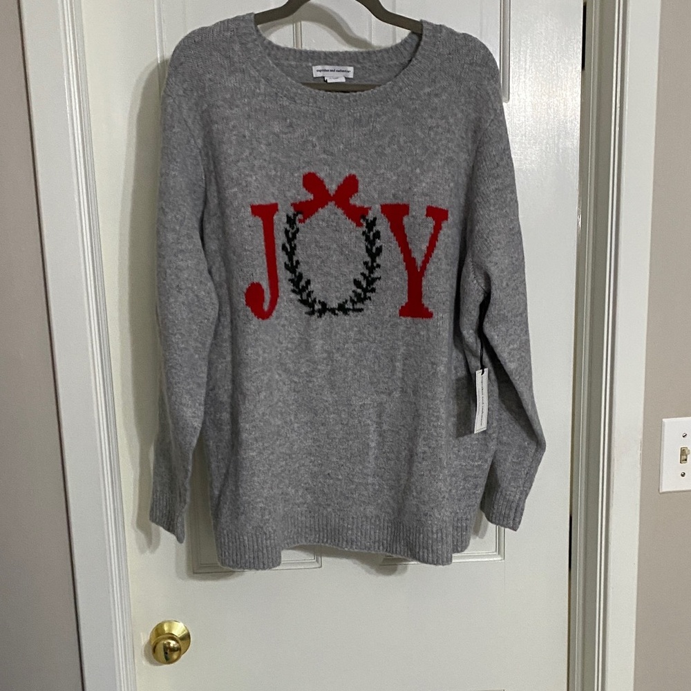 cupcakes & cashmere Gray Holiday Christmas Sweater with Red JOY Design 2X NWT